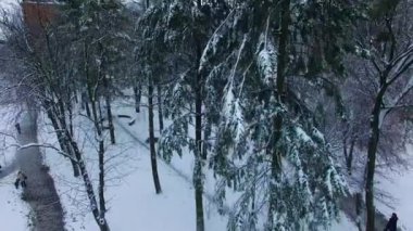 İnsanlar kışın parkın yanından geçiyorlar. Eski kulesi ve çeşitli mimarisi olan şehir merkezinin muhteşem manzarası. İnsansız hava aracından görüntüle.