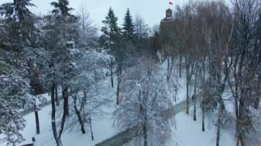 Gündüz vakti kış parkı. Karlı ağaçların üzerinden yükselen İHA büyük bir şehrin panoramasını açıyor. Hava görünümü.