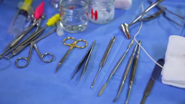 Metal Tools Sponges Syringes Vessels Table Blue Sheet Instruments Rhinoplasty — Stock Video