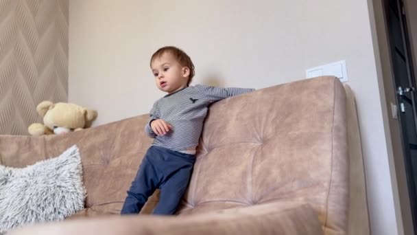 Sweet Little Toddler Standing Sofa Baby Waves His Hands Smiles — Stock Video