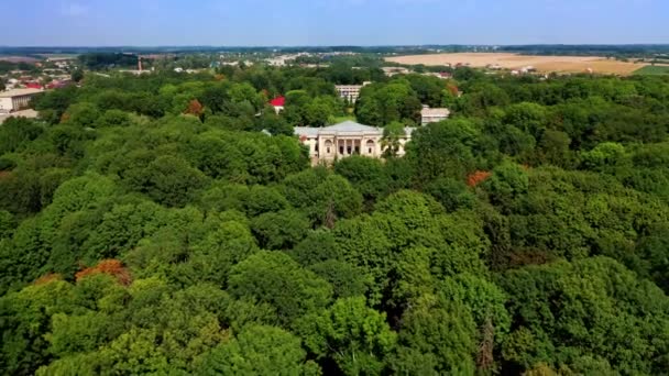 Flying Lush Green Park Beautiful Sunny Daytime Approaching Majestic Palace — Stock Video