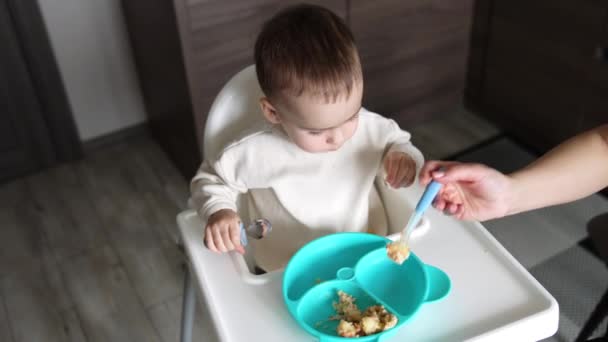 Bonita Criança Alimentado Partir Colher Prato Azul Grande Está Frente — Vídeo de Stock