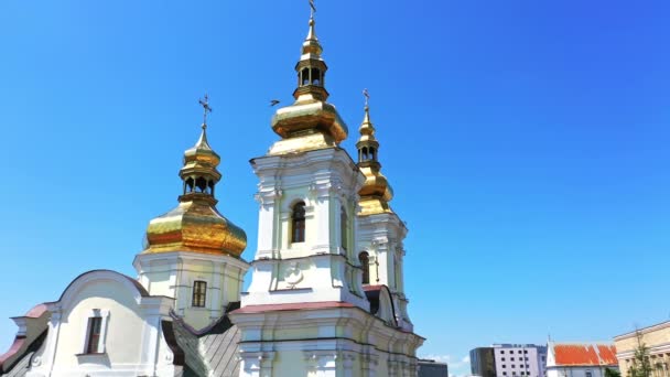 Wunderschöne Gipfel Der Orthodoxen Kathedrale Mit Goldenen Kuppeln Christliche Kirche — Stockvideo