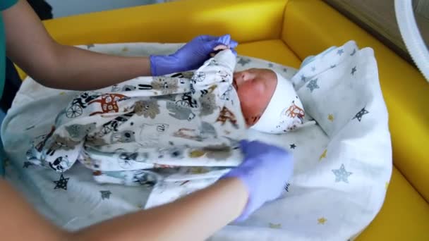 Tangan Medis Dalam Sarung Tangan Untuk Mendandani Bayi Yang Lucu — Stok Video
