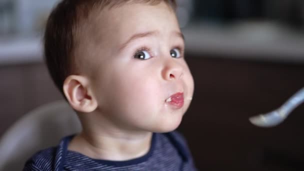 Criança Adorável Alimentado Com Mingau Cereal Retrato Rapaz Olhos Cinzentos — Vídeo de Stock