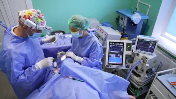 Chirurg Jego Asystent Pracują Sali Operacyjnej Kobieta Lekarz Trzymająca Narzędzia — Wideo stockowe