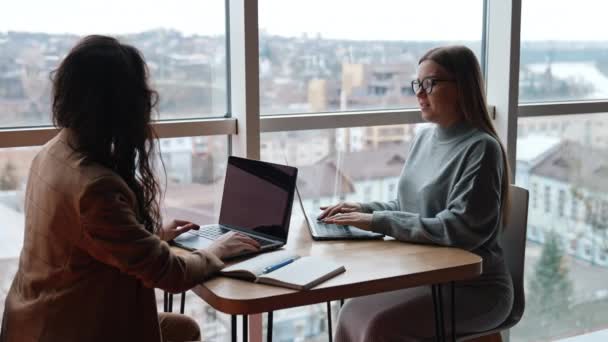Affärsdamer Diskuterar Idéer Bygger Strategier Samarbetar Kvinnor Sitter Framför Varandra — Stockvideo