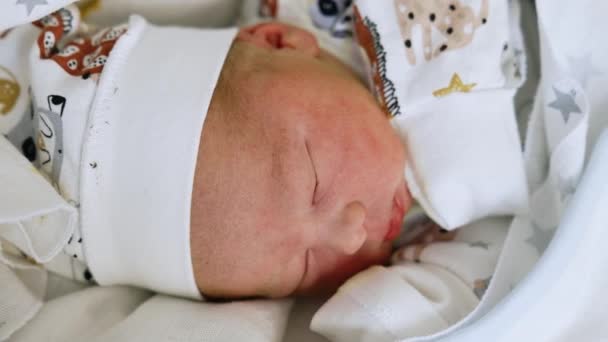 Nou Născut Frumos Confruntă Într Capac Copilul Caucazian Află Capul — Videoclip de stoc