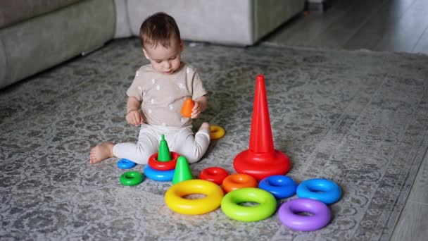 Cute Toddler Sitting Floor Holding Piece Toy Pyramid Baby Boy — Stock Video