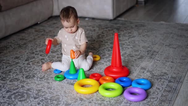 Friedliches Kaukasisches Kleinkind Spielt Mit Pyramiden Auf Dem Fußboden Babys — Stockvideo