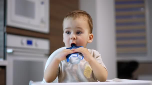愛らしい赤ん坊の男の子は 口に食べ物のパックを取る 純粋な果物を意図的に食べている小さな子供 ブラーレッド バックドロップ — ストック動画