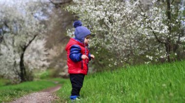 Kafkasyalı çocuk yeşil çimlere dikkatle bakıyor. Doğayı izleyen küçük bir bebek. Bahar zamanı arka planda.