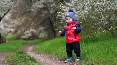 Ceketli ve şapkalı sevimli çocuk doğada yürüyor. Tatlı çocuk güneşli bahar gününde yürüyüş yapmaktan hoşlanıyor..