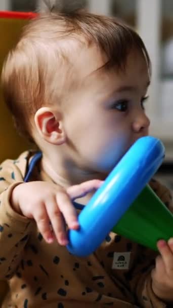 Netter Junge Mit Einer Spielzeugpyramide Aus Plastik Den Händen Niedliches — Stockvideo