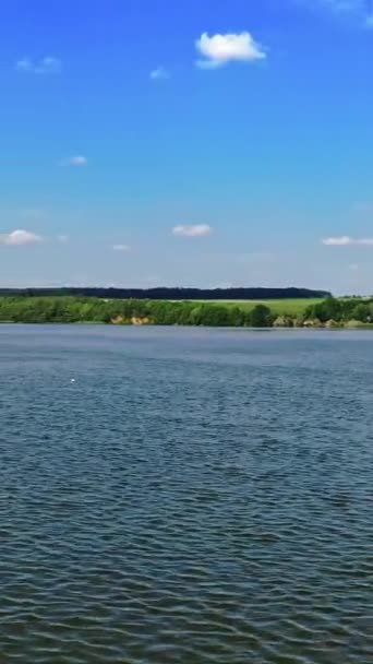 美丽河流的全景 在明亮的白天 碧绿的大自然背景上的蓝水 飞过河 空中风景 垂直录像 — 图库视频影像