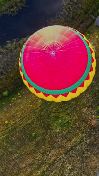 自然の背景にアエロスタット 小さな川の近くのフィールドの上を飛ぶカラフルな熱気球 アウトドア活動 トップビュー カメラが下がりました バーティカルビデオ — ストック動画