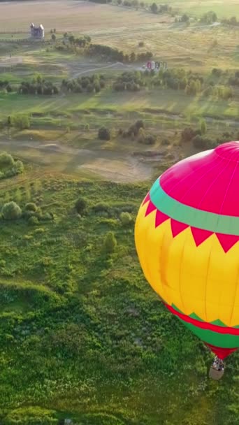 夕方の日光に対する美しい空気スタット 緑の自然の上を飛ぶカラフルな丸い熱気球 日没の農村部の空気中の船舶 空からの眺め バーティカルビデオ — ストック動画