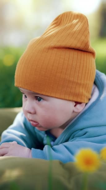 Adorable Bebé Niño Azul General Gorra Naranja Naturaleza Lindo Niño — Vídeos de Stock