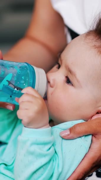 Mommy Giving Bottle Water Her Baby Cute Child Doesn Want — Stock Video