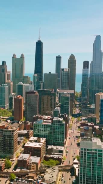 在阳光灿烂的芝加哥 伊利诺伊州 美国上空高空飞行 夏天的日子里 大都市的市区很美 漂亮的摩天大楼为背景 垂直录像 — 图库视频影像