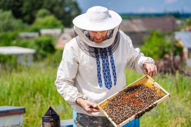 Arıcı kostümü giymiş bir adam bir kutu arı tutuyor. Adam arıları dikkatle tutarken sakin ve odaklanmış olma kavramı.