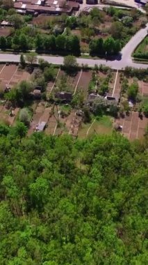Yeşil ormanın, sanayi bölgesinin ve yerleşim alanının görüntüleri. Güneşli gündüz vakti kentsel bölgede hava perspektifi. Dikey video