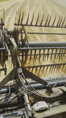 Dönen bıçaklar tahıl biçme makinesi. Sarı tarlada hasat için biçme makinesinin metal parçası. Tarım makineleri. Dikey video