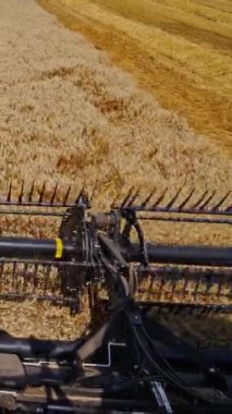Hasat makinesinin metal detayları. Yazın tarlada buğday hasadını modern olarak birleştirmek. Tarım makinesinden bak. Yakın plan. Dikey video