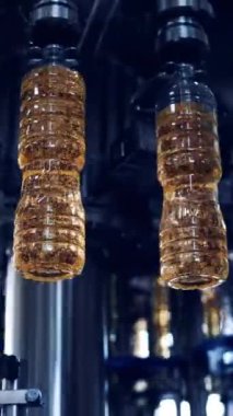 Yenilebilir petrol fabrikasında robotik ekipman. Modern endüstriyel ekipmanlar ayçiçeği yağı dökerek şişelere yuvarlak üretim hattında ilerliyorlar. Dikey video