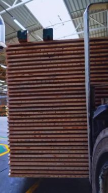 Ahşap üretim için bir fabrikanın içi. Parke tahtası fabrikası. İçeriye kontrplak taşıyan kamyondan görüntü. Dikey video