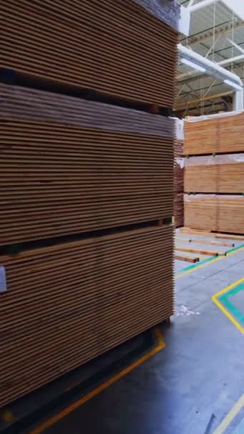 木材の大規模倉庫 倉庫の中のモーションカメラ 倉庫の床の生産のための木製板をほぼ積み重ねました バーティカルビデオ — ストック動画