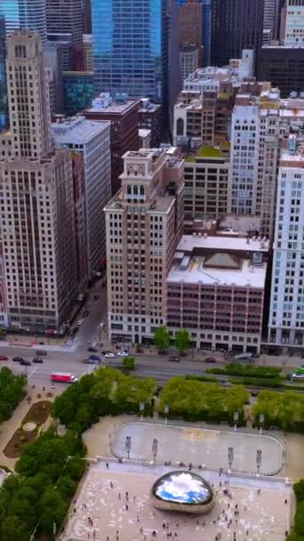 令人惊奇的建筑物高耸在满是汽车的路上 与茂密的建筑相邻的绿地 垂直录像 — 图库视频影像