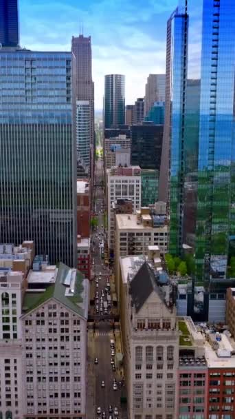 漂亮的建筑惊人的芝加哥 无人机镜头降落在美丽的城市穿过四分之一街区的直路 垂直录像 — 图库视频影像