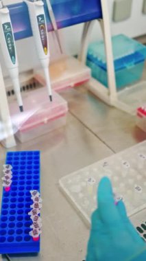 Deney tüpleriyle çalışan steril eldivenli eller. Tıp çalışanı laboratuardaki masadaki şişeleri sıvıyla dolduruyor. Dikey video