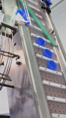Bir mandıra fabrikasında otomatik teknoloji. Bir fabrikadaki modern ekipman. İleriki ambalajlar için plastik kapaklarla konveyör hattı yükseliyor. Ağır çekim. Dikey video