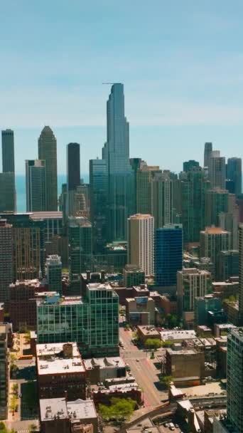 芝加哥的城市景观夏季的一天 蓝天和湖水的背景下耸立着令人印象深刻的摩天大楼 垂直录像 — 图库视频影像