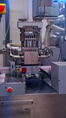 İlaç üretimi için bir fabrika. Eczacılık endüstrisindeki ilaç hap makinesi arka planında dikey video üretimi