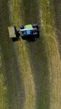 Tarımsal makineler sahada çalışıyor. Küp balya traktörü dikey video hasat sırasında taze buğday balyasını boşaltıyor