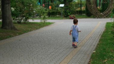 Asfalt yolda yürüyen kot pantolonlu bir bebeğin arka manzarası. Küçük çocuk elinde parkın yanından geçen bir şeyi işaret ediyor..
