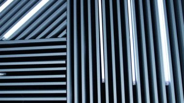 Odayı süsleyen uzun beyaz paneller. Gündüz lambaları oda tasarımının detaylarıdır..