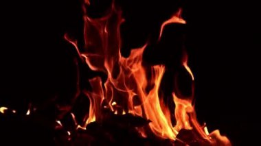 Geceleri kamp ateşinde yanan ahşap kütükler. Bir çubuk kırılır ve birden fazla parıltı yükselir..