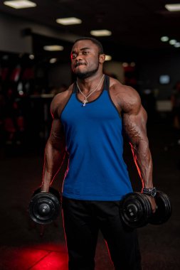 Spor salonunda ağırlık kaldıran adam. Mavi kolsuz bluz giyen kaslı bir adam spor salonunda iki siyah dambıl tutuyor..