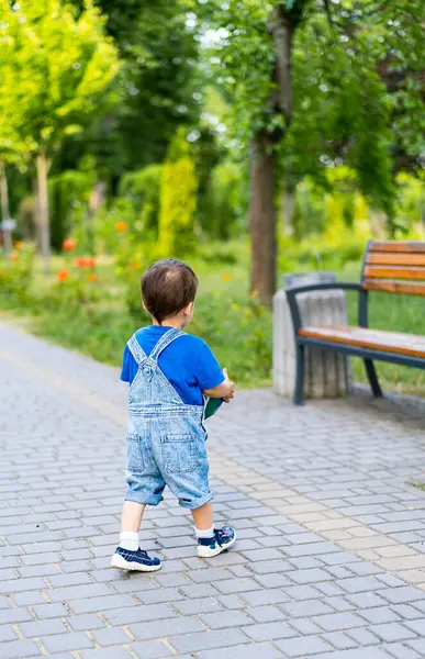 Bebek Park 'ta Yürüyor. Tulumlu genç bir çocuk elinde oyuncakla parktaki tuğla patikada yürüyor. Tahta bir bankın yanından geçiyor..