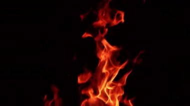 Karanlıkta hareket eden kırmızı alev. Siyah arka planda izole edilmiş bir şenlik ateşinin üst kısmı. Kapat..