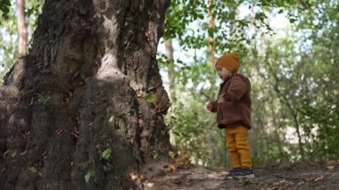 Parkta elinde sopayla duran küçük çocuk. Çocuk sopayla ağaç gövdesine vurdu..