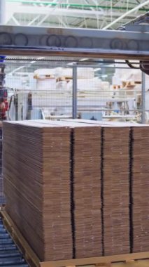 Kaplama üretimi için otomatik ekipman. Modern robot fabrikası içeride. Ahşap işçiliği. Dikey video