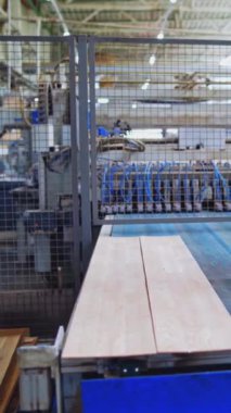 Kapalı alandaki modern fabrika. Robot ekipmanları ahşap parke tahtalar yapıyor. Modern fabrikanın içinde Laminate panelleri üretildi. Dikey video