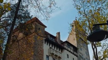 Romanya 'daki Bran şatosunun güzel faşisti. Bina ve ağaçların alçak açılı görüntüsü az yapraklı..