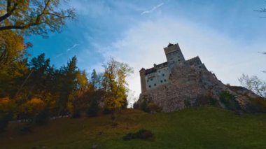 Romanya 'nın Brasov kentindeki tepede eski Drakula kalesi yükseliyor. Binayı çevreleyen güzel parlak ağaçlar..