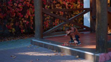 Kuru sonbahar yapraklarıyla oynayan sevimli beyaz bir bebek. Tatlı çocuk verandadan aşağı atlıyor..